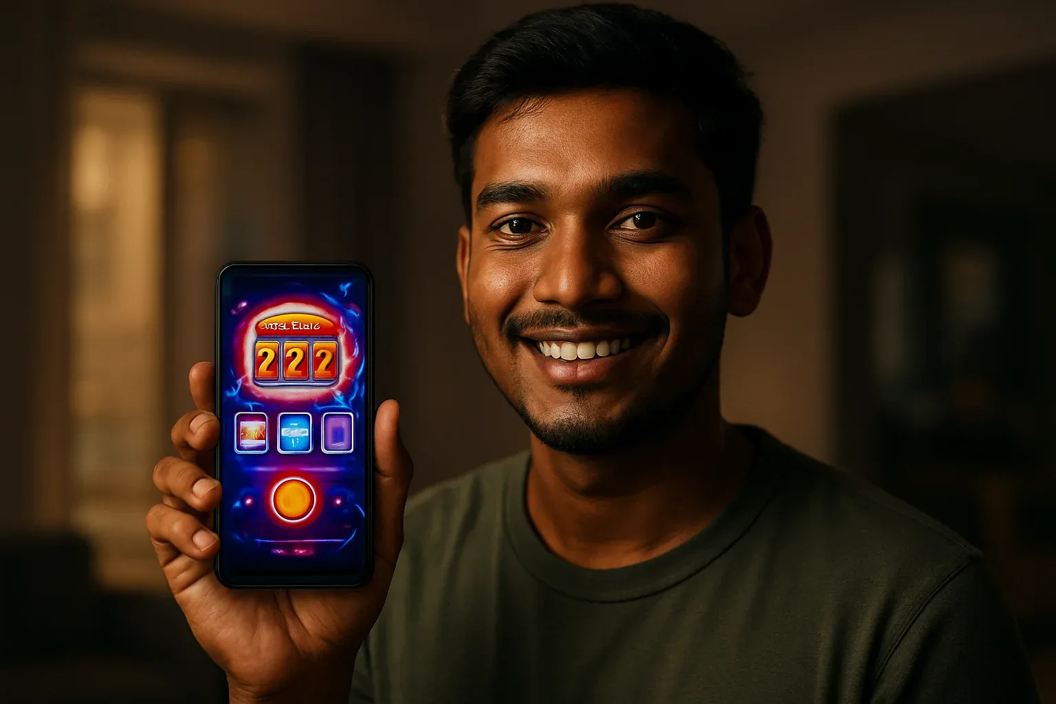 Young Bangladeshi man holding smartphone showing colorful casino app interface