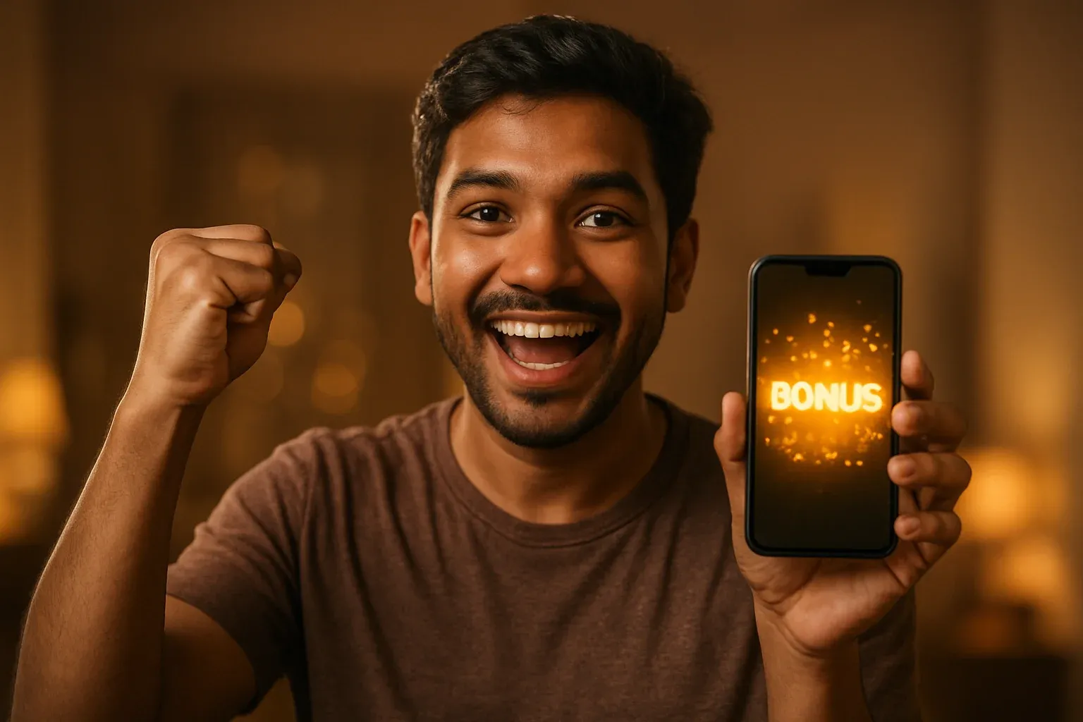 Joyful Bangladeshi man holding smartphone with glowing bonus notification