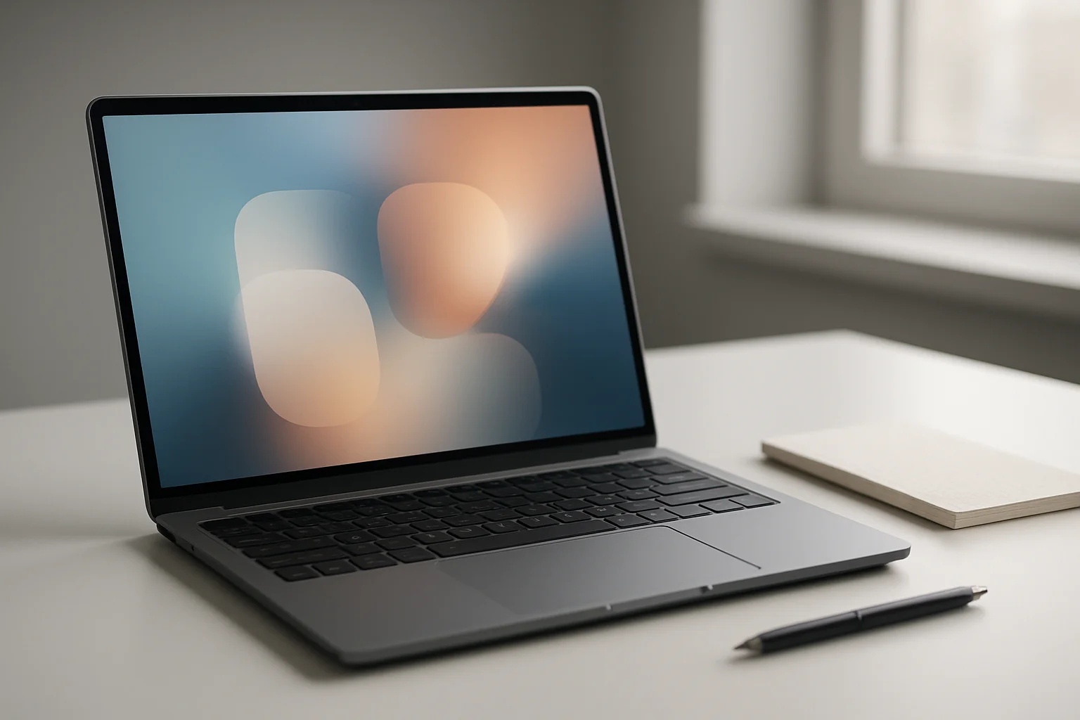 Modern laptop on white desk with pen and notepad in daylight