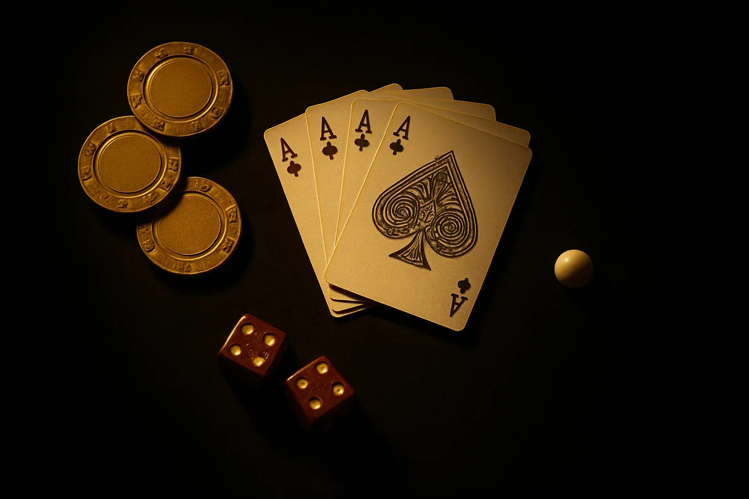 Golden casino chips, playing cards, dice, and roulette ball on velvet