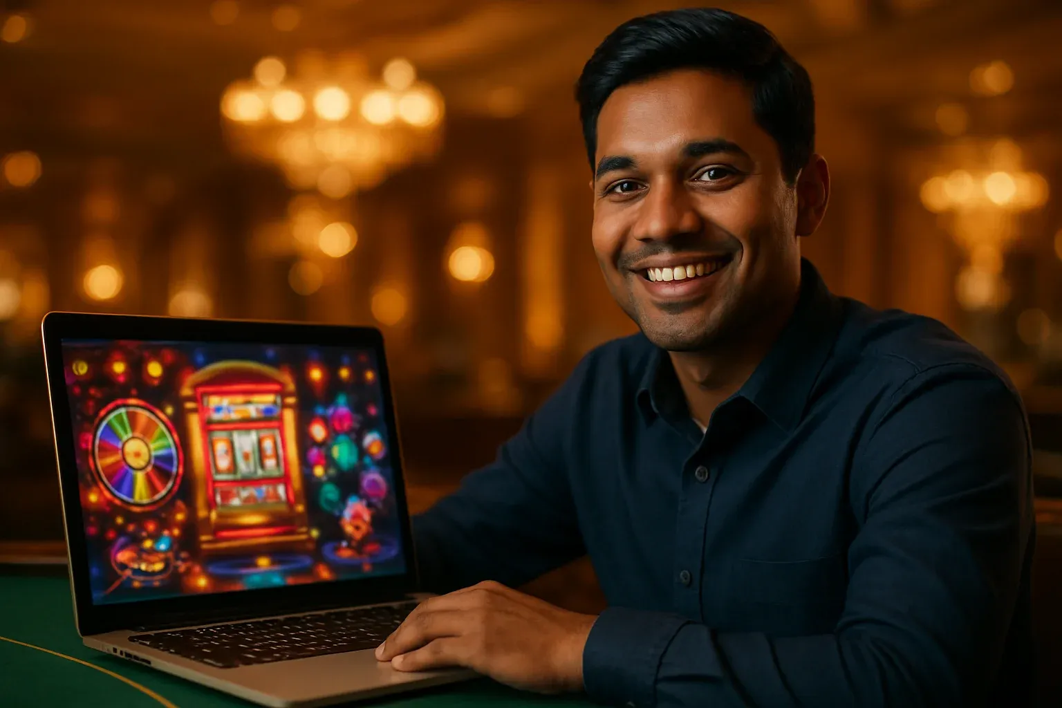 Cheerful Bangladeshi man with open laptop in premium casino lounge
