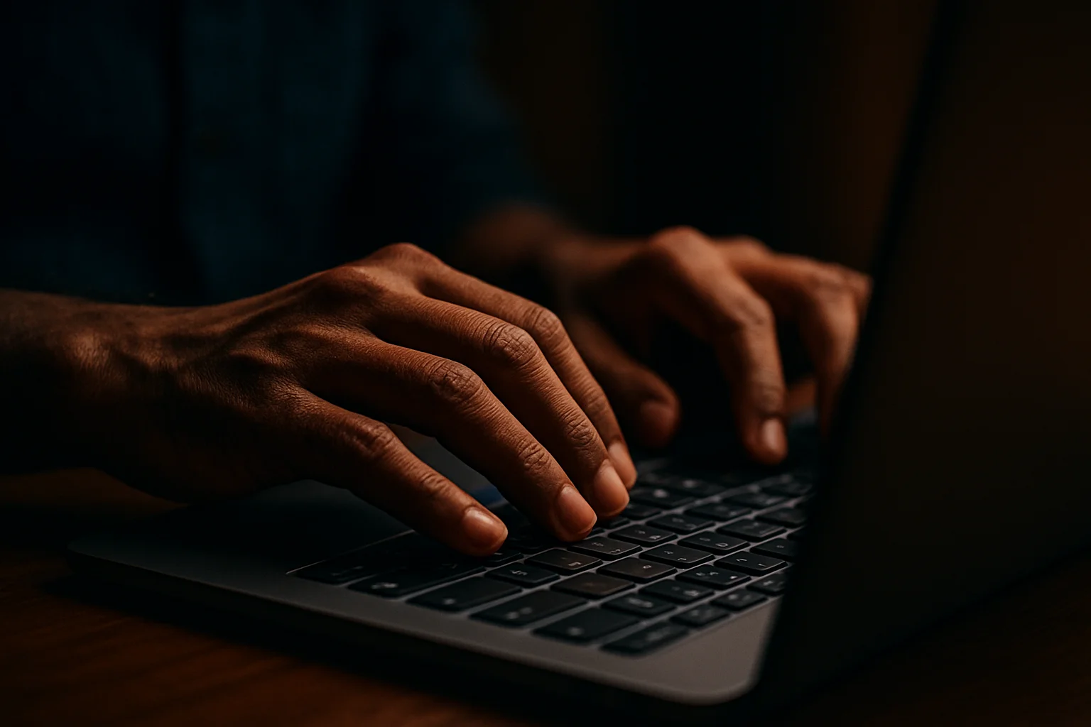 Bangladeshi man's hands typing on modern laptop keyboard in dramatic lighting