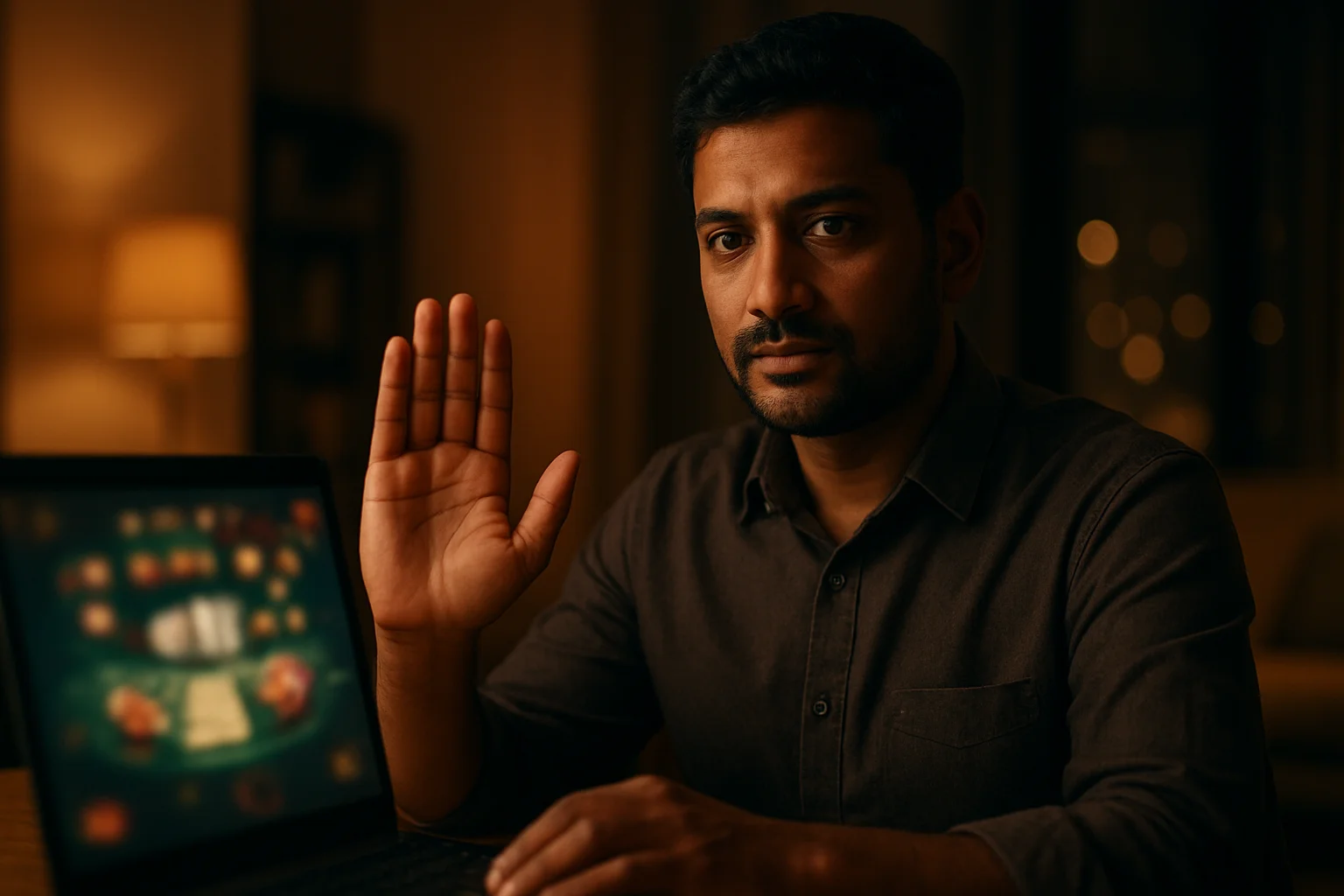 Bangladeshi man making stop gesture beside blurred online casino laptop
