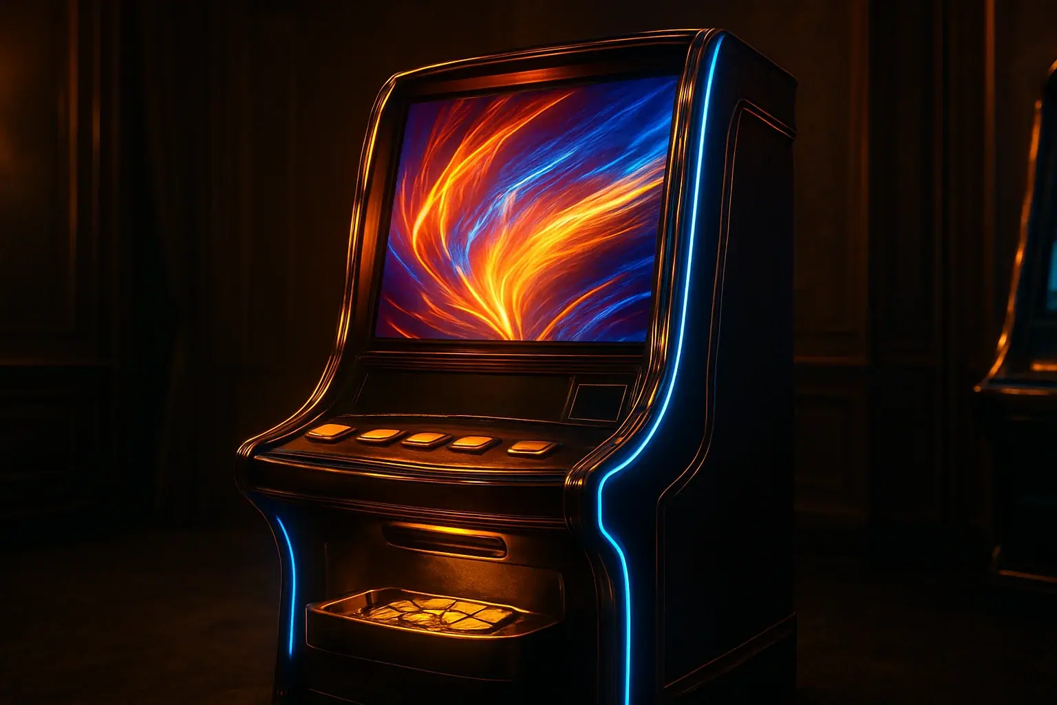 Hyperrealistic premium slot machine in dark luxury setting with neon lighting